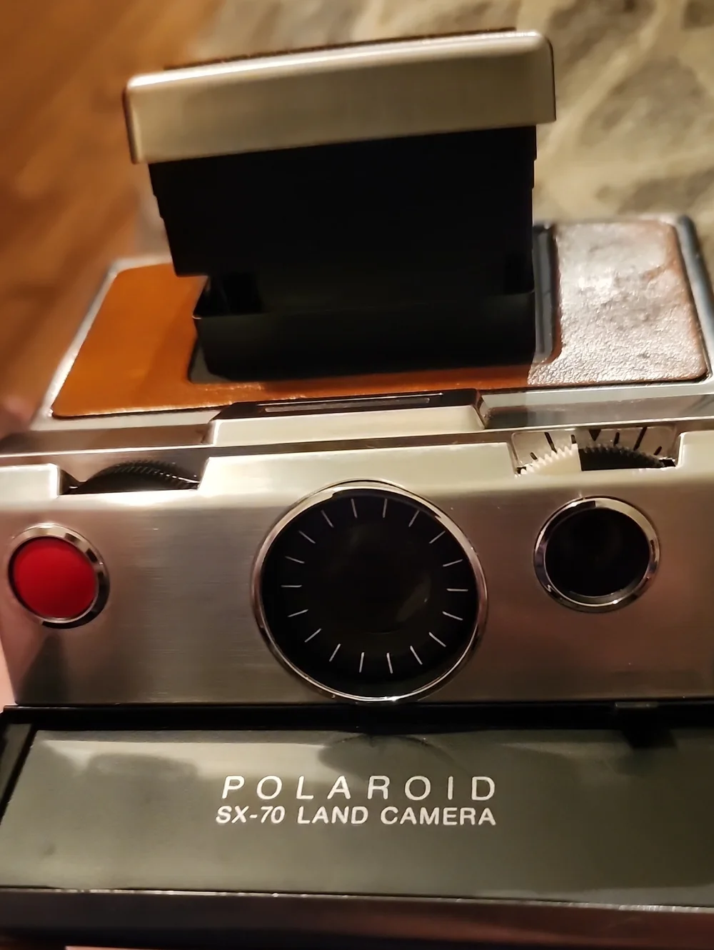Polaroid SX-70 Land Camera in Silver with Brown and Red Accents